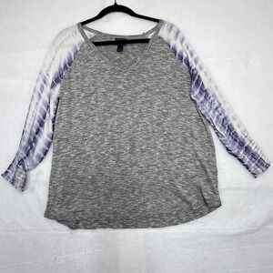 Daytrip Marled Grey V-Neck Top Purple Tie Dye Crinkle Raglan Sleeves Women's M